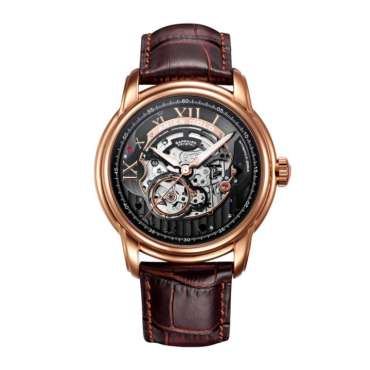 Aries Gold Men Automatic Rose Gold Watch G 9005 RG-W | Black Skeleton Dial Brown Strap