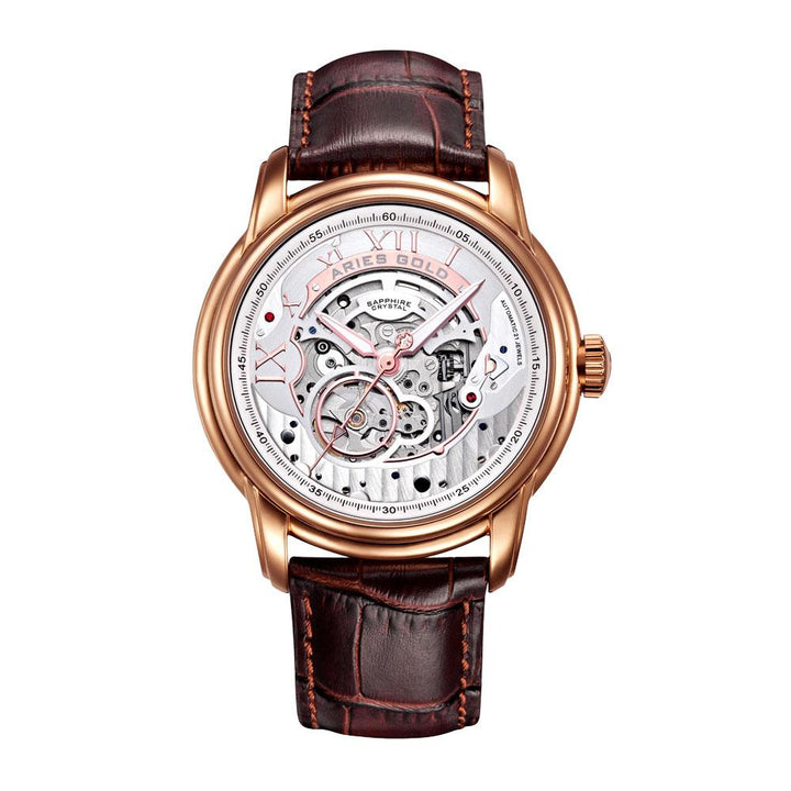 Aries Gold Men Automatic Rose Gold Watch G 9005 RG-S | Silver Skeleton Dial Black Strap