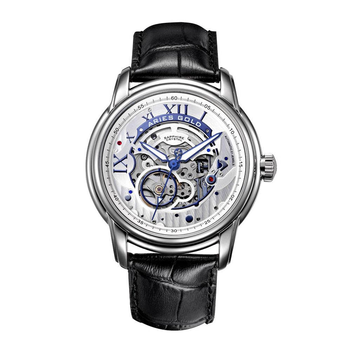 Aries Gold Men Automatic Silver Watch G 9005 S-S | Silver Skeleton Dial Black Strap